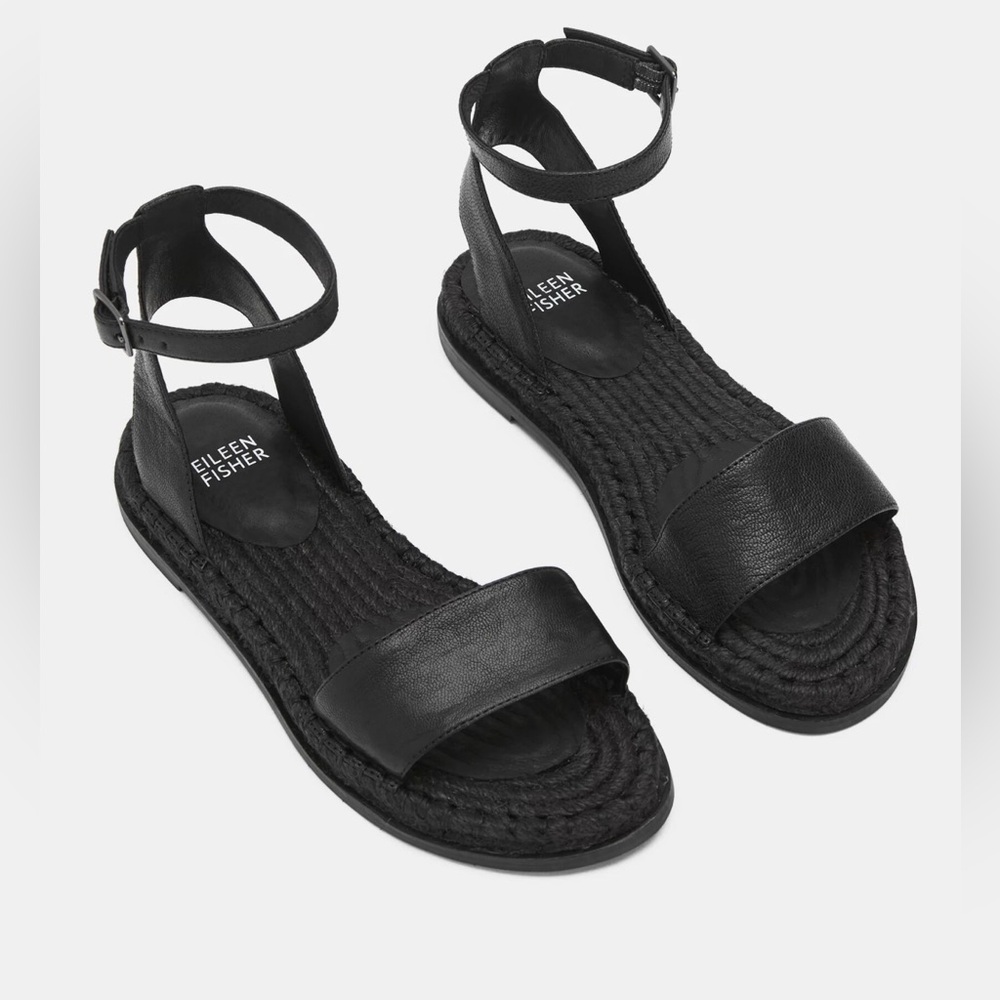 Eileen Fisher Black Tumbled black leather Espadrilles sandals Size: 8